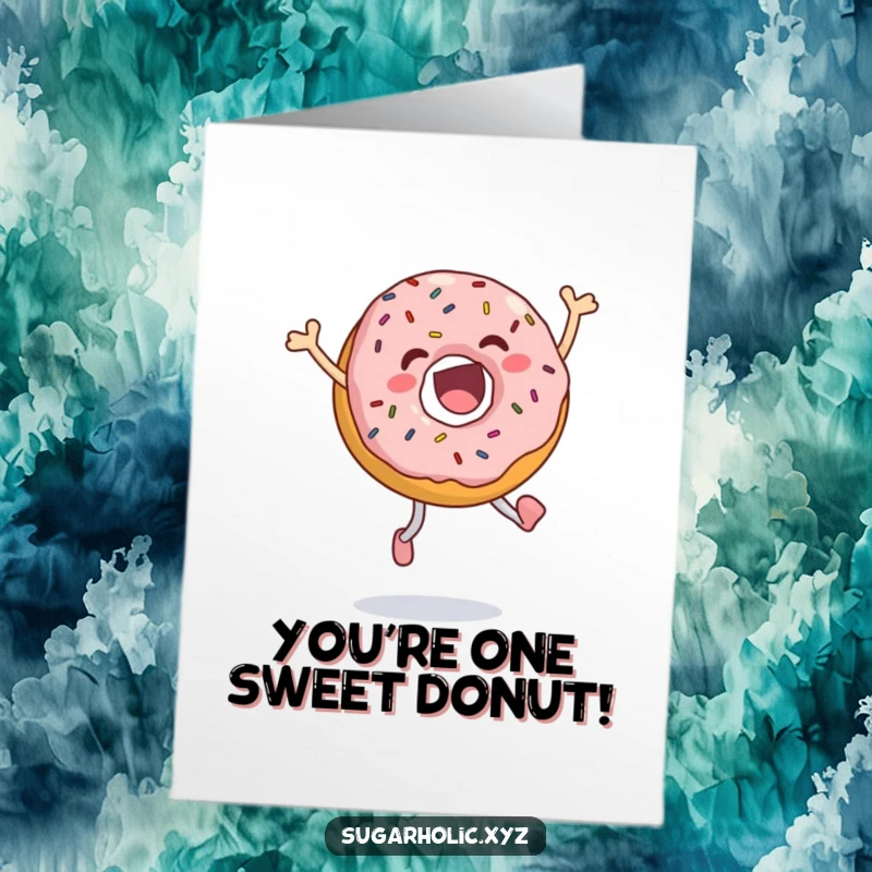 Funny Free Printable Congratulations Card: A donut with sprinkles performs a happy, ecstatic leap.