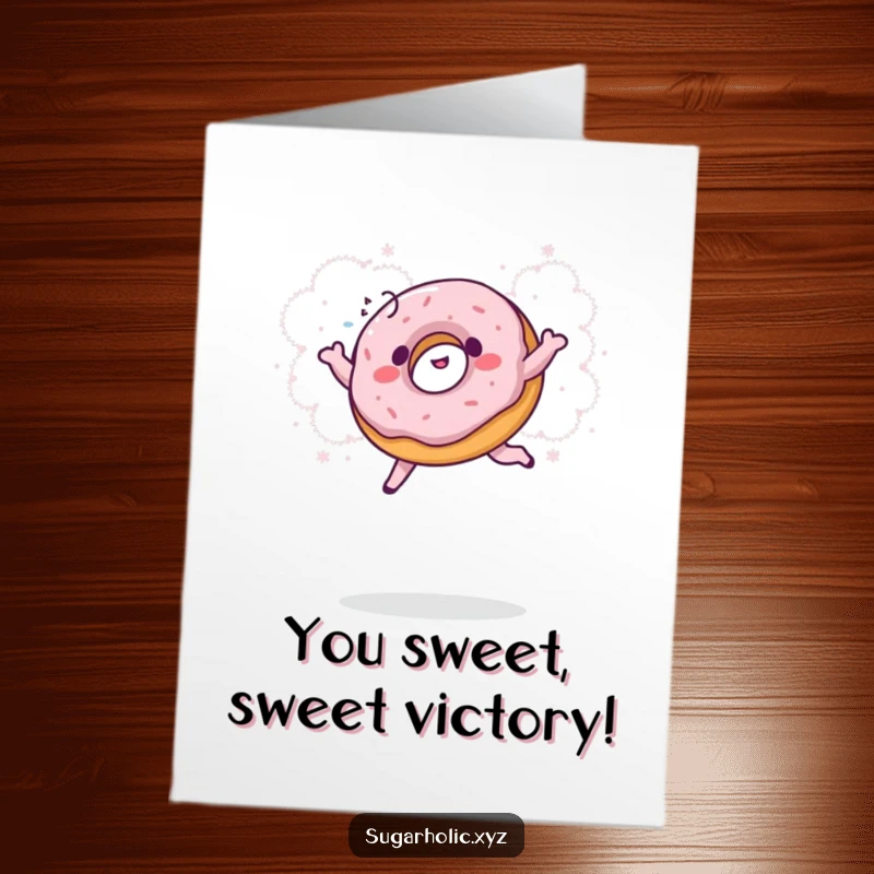 Funny Free Printable Congratulations Card: A giggling donut leaps into powder, celebrating a sweet victory.