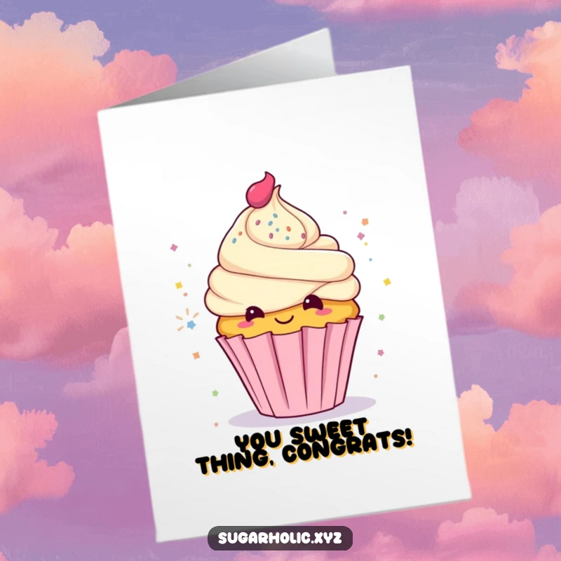 Funny Free Printable Congratulations Card: A smiling cupcake character playfully tossing a handful of shimmering glitter.