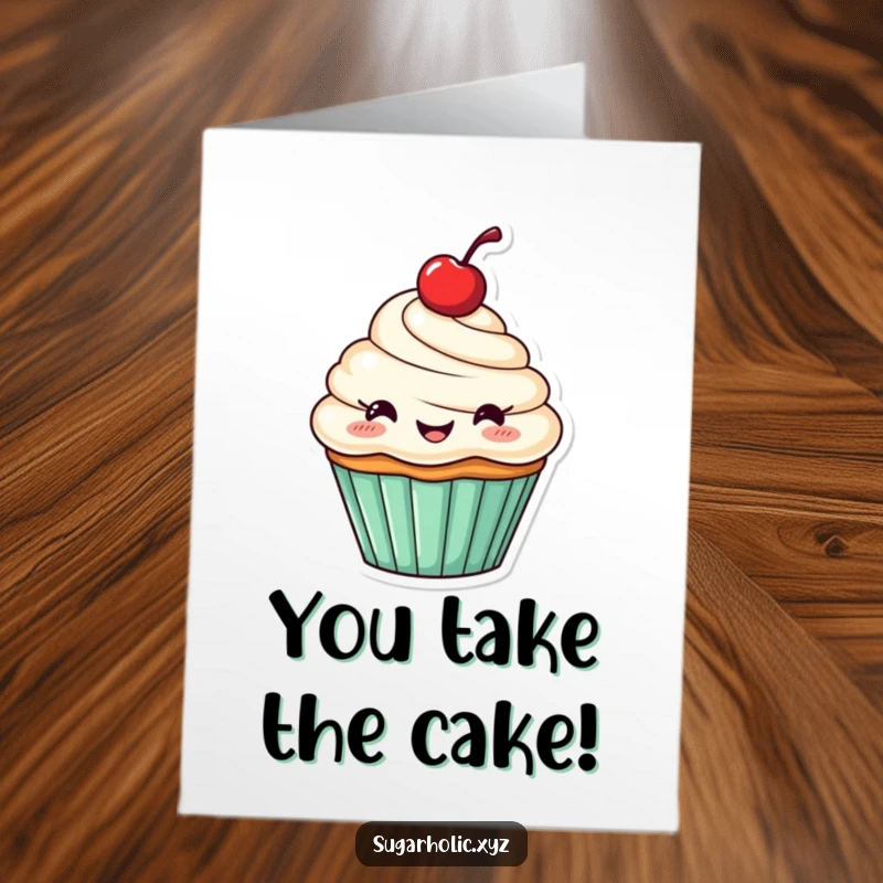 Funny Free Printable Congrats Card: A happy cupcake character with a cherry, cheering loudly for a special occasion.