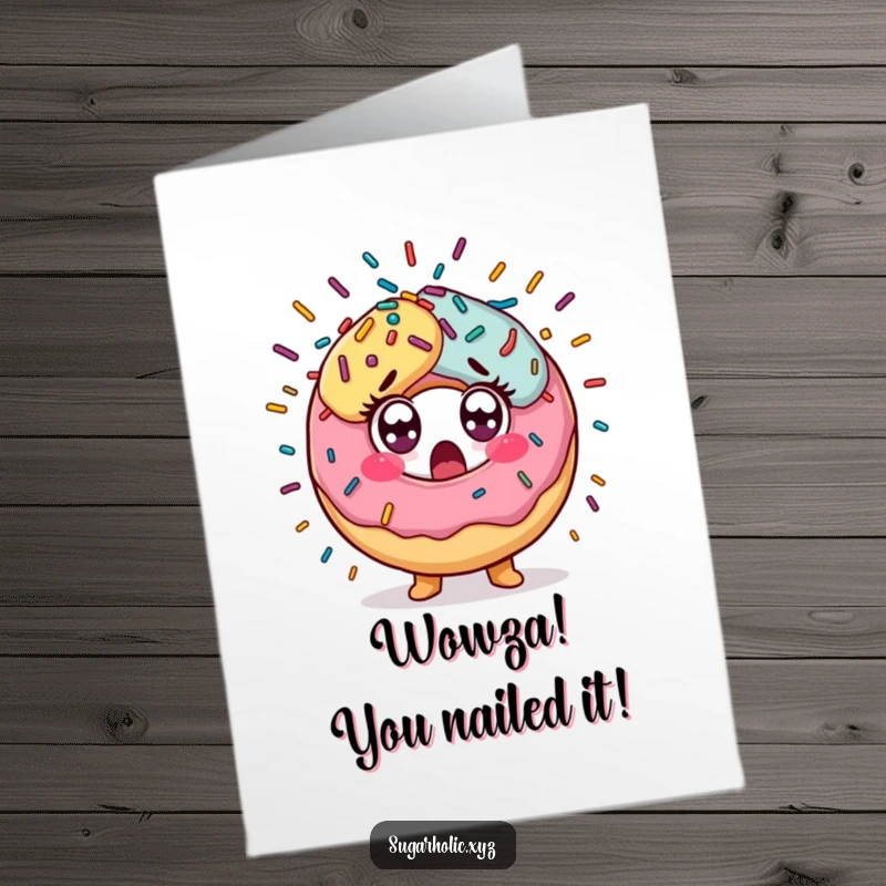 Funny Free Printable Congratulations Card: A donut character looking utterly surprised, eyes wide, as sprinkles erupt around it in a chaotic burst.