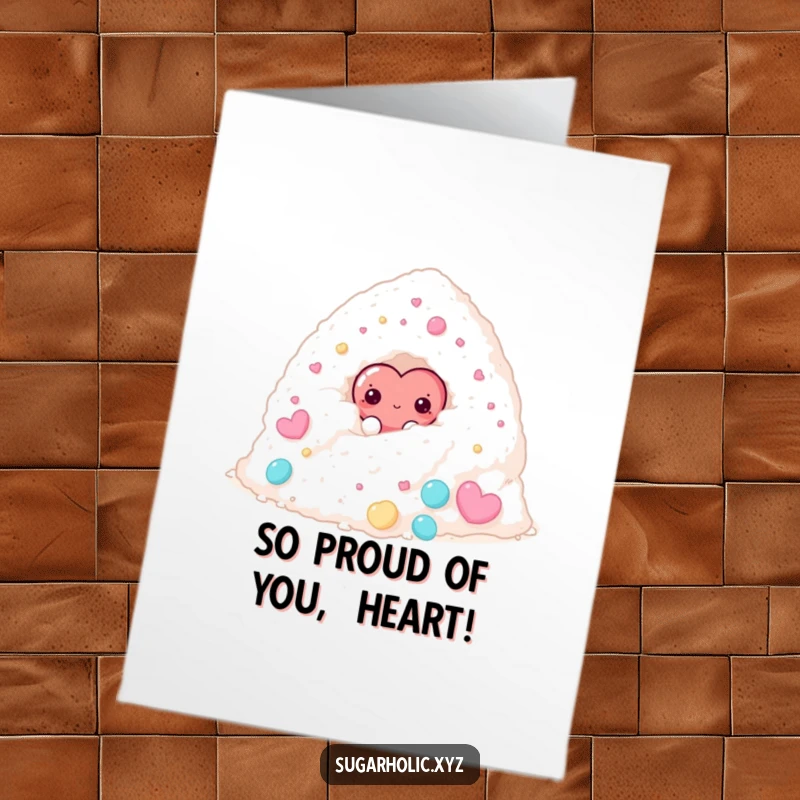 Funny Free Printable Congratulations Card: A bashful candy heart character cautiously peeks from behind sugar, offering sweet congratulations.