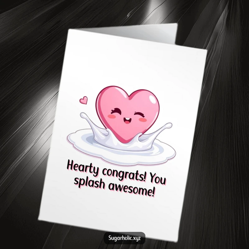 Funny Free Printable Congrats Card: A winking candy heart makes a playful splash in a sweet sugar pool.
