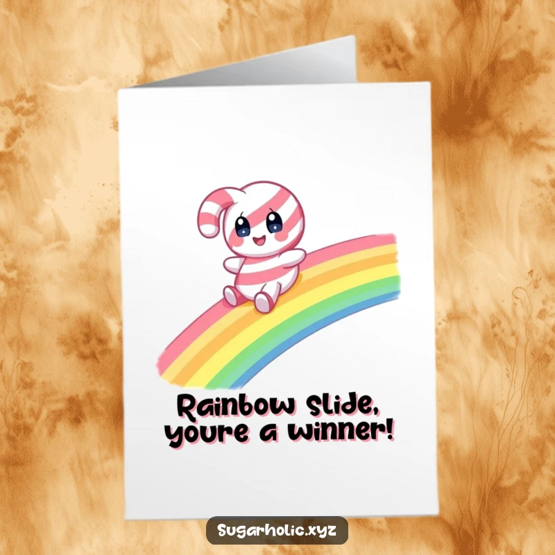 Funny free printable congratulations card featuring a candy cane character with surprised eyes happily sliding down a rainbow.