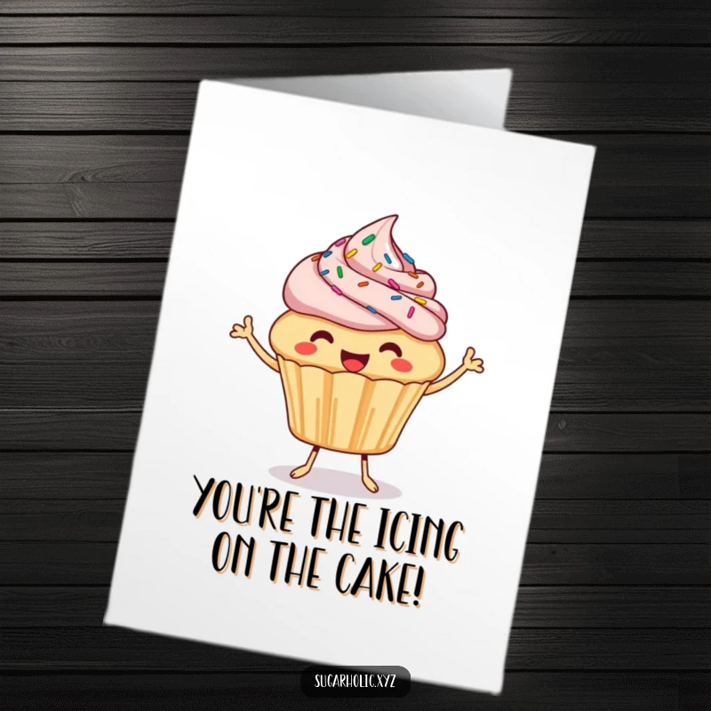 Funny free printable congratulations card: a happy cupcake with sprinkles bouncing joyfully offering a bite for congrats.