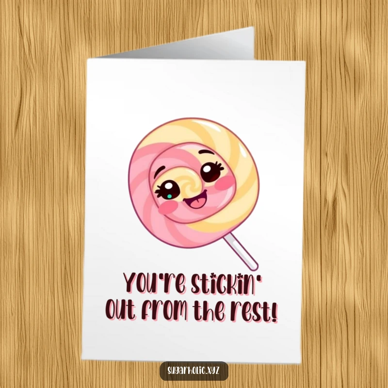 Funny free printable congratulations card: a giggling lollipop spinning with a cheerful expression for congrats.