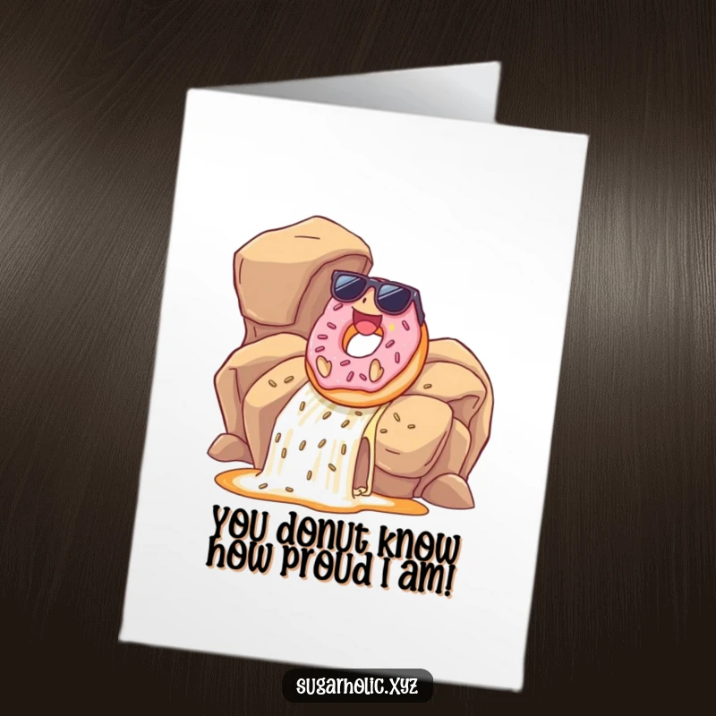Free Printable Congratulations Card: Sunglasses donut joyfully slides down caramel waterfall, celebrating a big win with style.