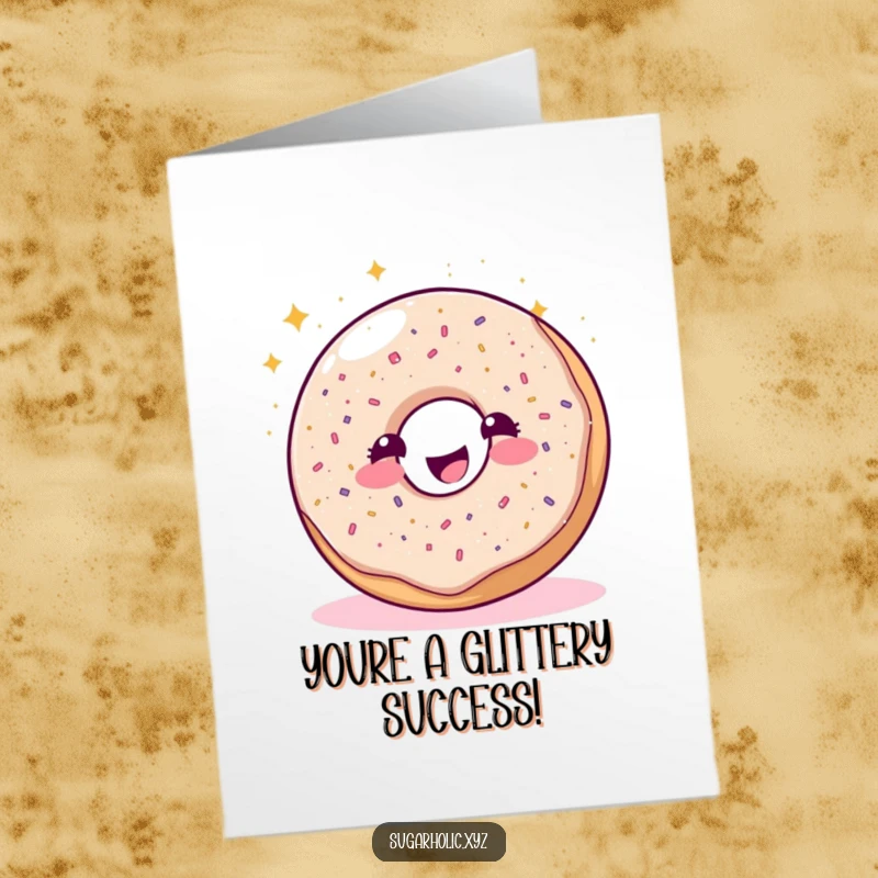 Funny Free Printable Congratulations Card: A sparkling donut character joyfully sprinkles glitter, celebrating success with a dazzling and sweet flair.