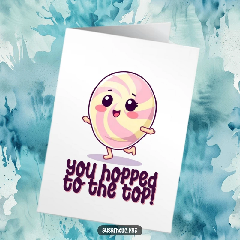 Funny Free Printable gumdrop character mid-hop, conveying excitement for a congratulations card, downloadable art.