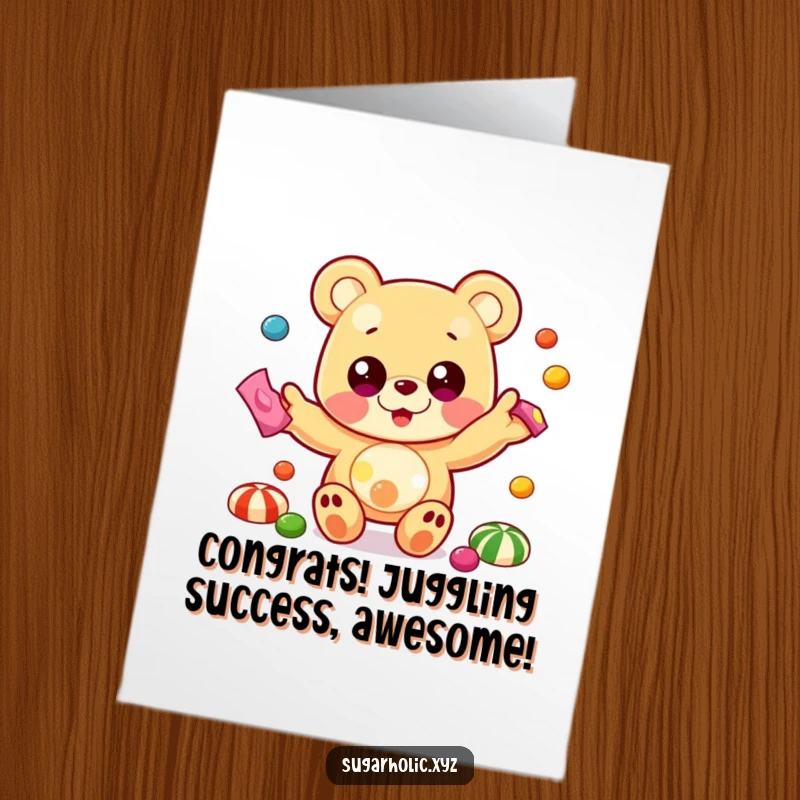Funny free printable congratulations card showing a beaming gummy bear with large eyes juggling a cascade of candies.