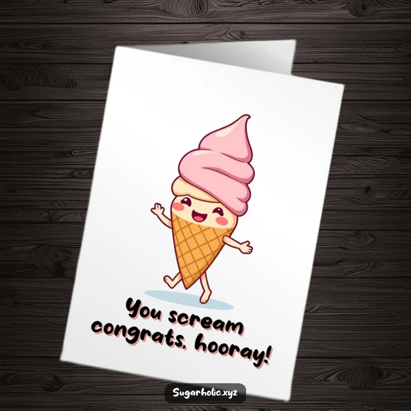 Free printable congratulations card: A smiling ice cream cone character joyfully performing a happy little jig, celebrating success.