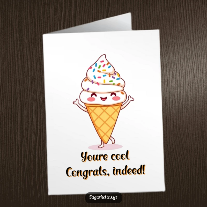 Funny Free Printable Congratulations Card: A cheerful ice cream cone with sprinkles doing a jig, celebrating a special achievement. A unique downloadable.