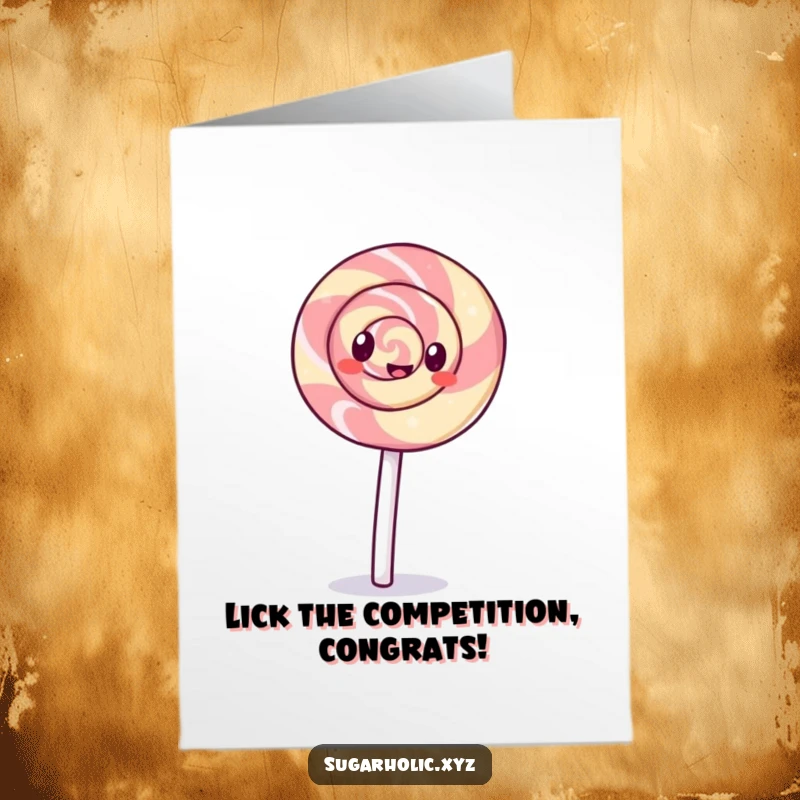 Free Printable Congratulations Card: A giggling, swirly lollipop performs a cartwheel, celebrating a fantastic success.