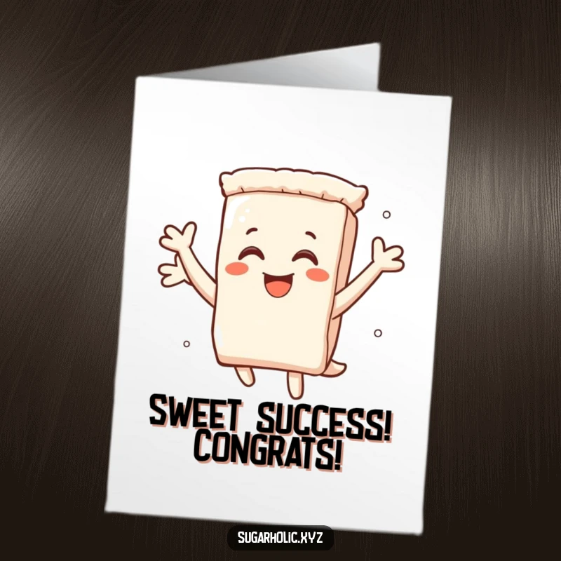 Funny free printable congratulations card showing a smiling sugar packet character jumping joyfully with pure excitement.
