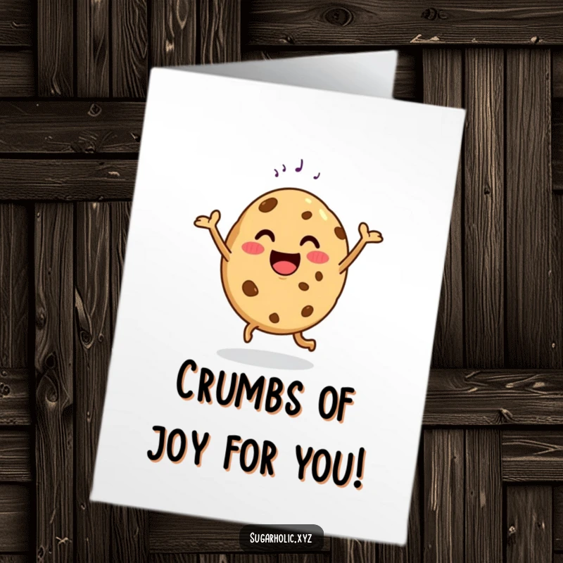 Funny Free Printable Congratulations Card: A happy cookie doing a delighted dance, holding a sugar sprinkle, ideal for a sweet downloadable gift.