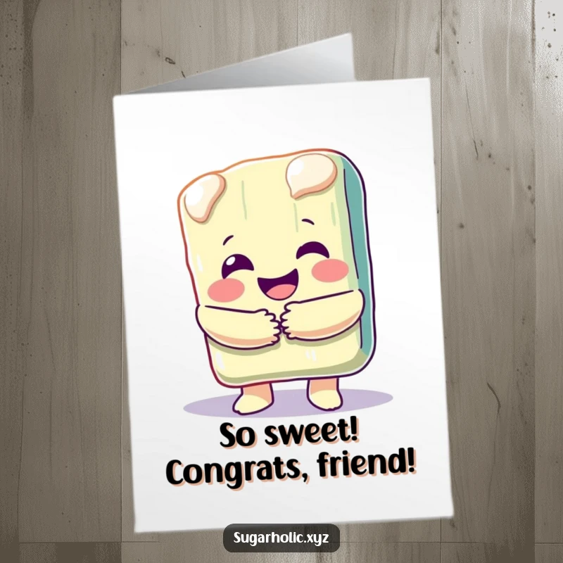 Funny free printable congratulations card featuring a happy, melting candy bar character offering a loving hug.