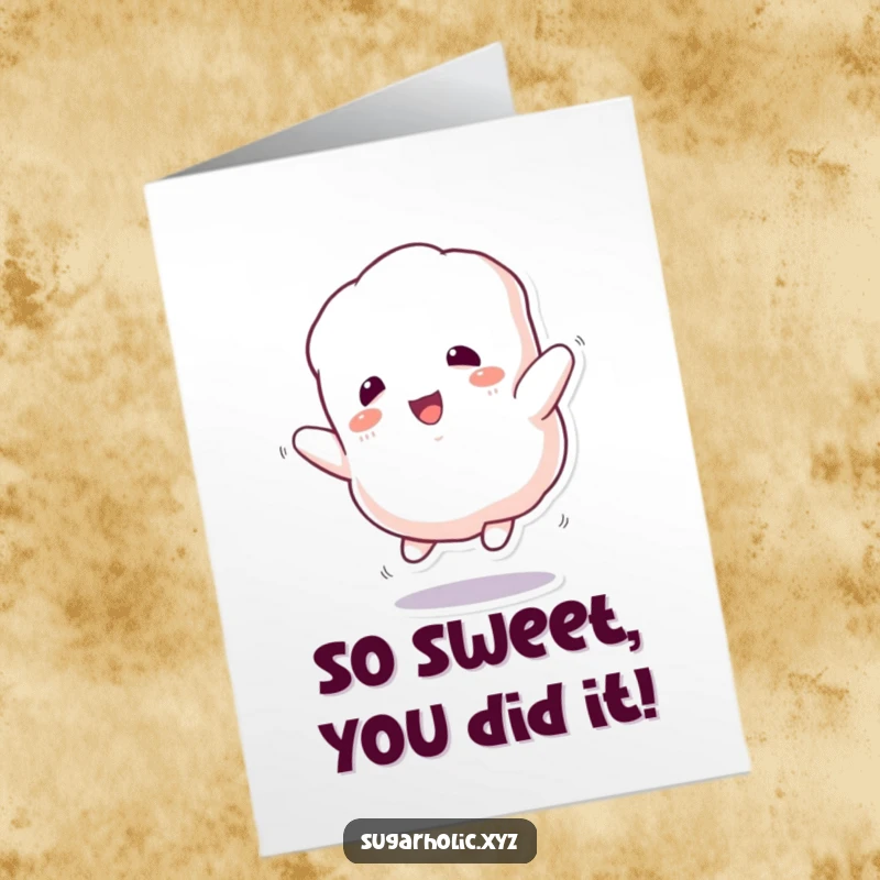 Free Printable Congratulations Card: A fluffy marshmallow joyfully bounces, conveying ecstatic cheer, a great DIY gift.