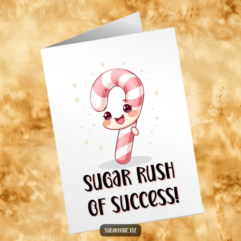 Funny Free Printable Congratulations Card: A cheerful candy cane showering itself with sparkling sugar, ideal for a festive downloadable gift.