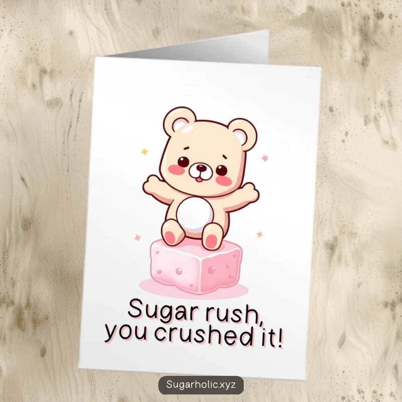 Funny free printable congratulations card showing a happy gummy bear character performing a silly dance on a sugar cube.