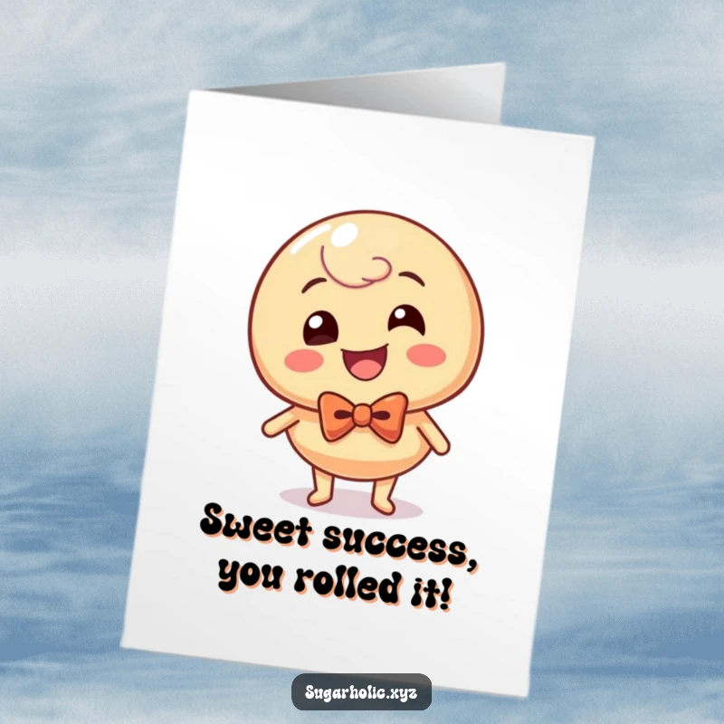 Funny Free Printable Congrats Card: Giggling caramel candy with a bow tie rolling with glee, celebrating achievements.