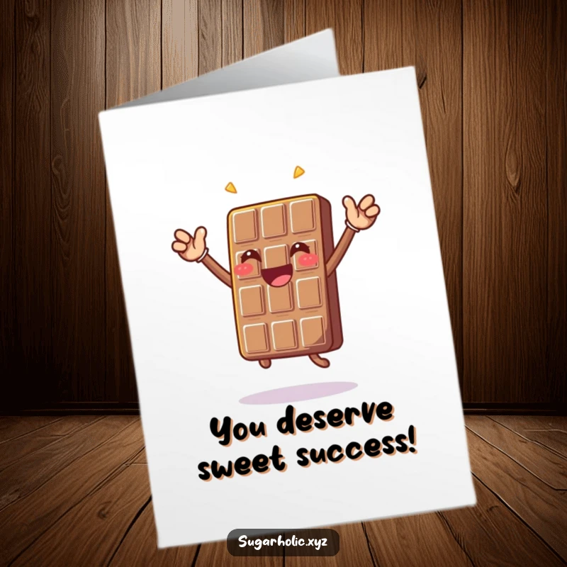 Free printable congratulations card: A happy chocolate bar character performing an enthusiastic celebratory jump, showing pure joy.