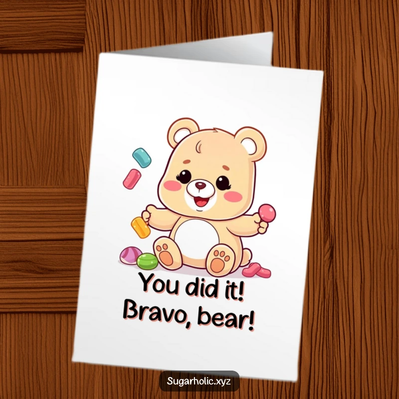 Funny Free Printable Congratulations Card: Gummy bear joyfully juggles candies, celebrating a big achievement with a sticky smile.