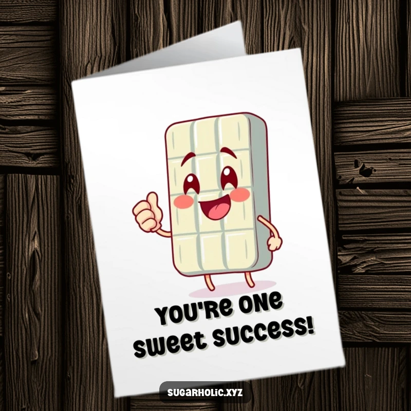 Funny Free Printable Congrats Card with a smiling chocolate bar character performing a triumphant fist pump for a big win.