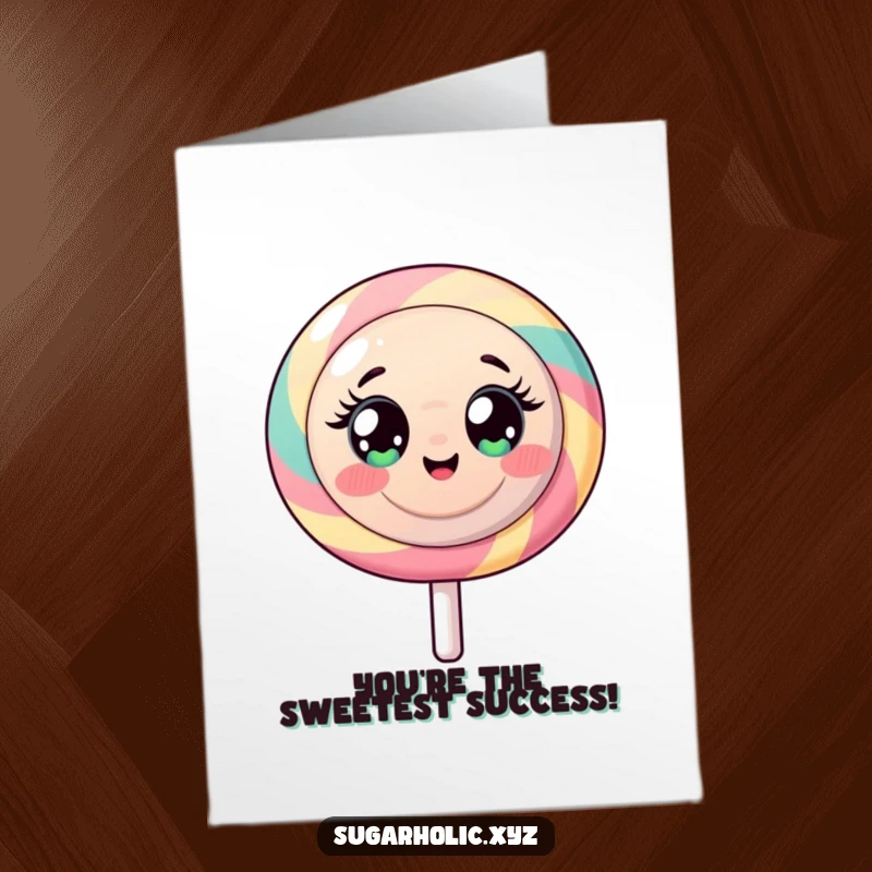 Funny Free Printable Congrats Card: Overjoyed lollipop character bursting with sugary energy, celebrating a victory.