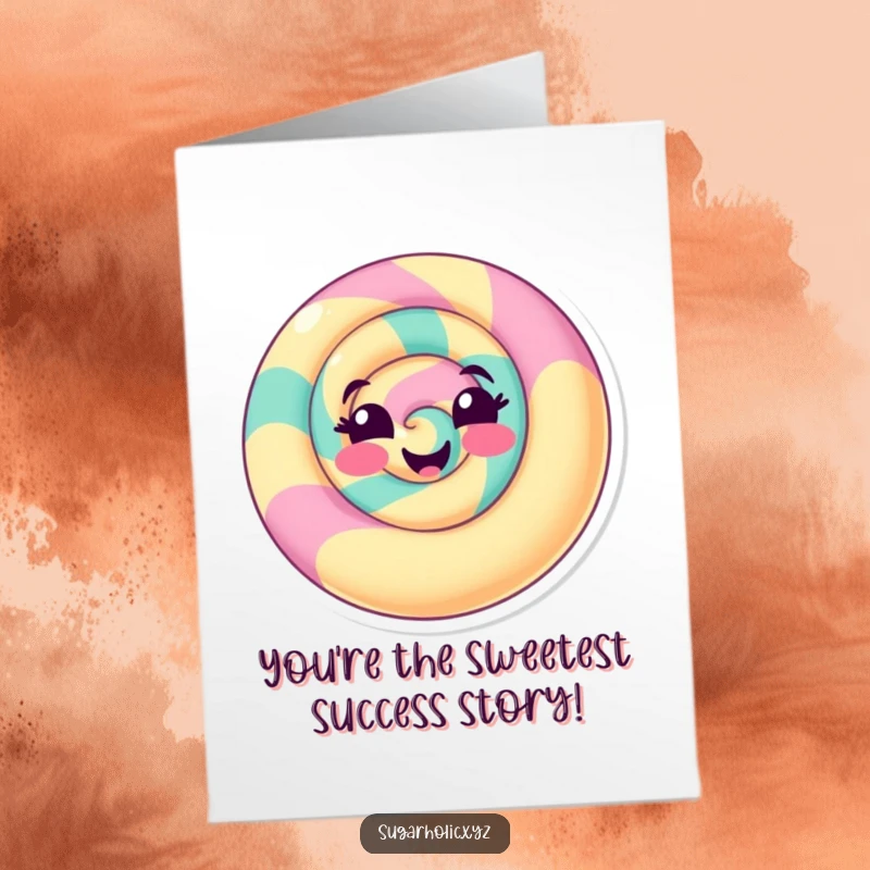Funny Free Printable Congratulations Card showing a delighted candy swirl with a playful smile, ready to celebrate success.