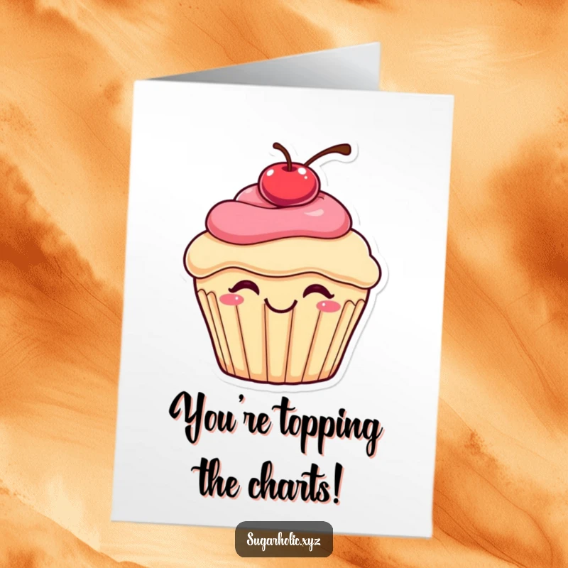 Funny Free Printable Congratulations Card: A happy cupcake with a cherry leaps with delight.