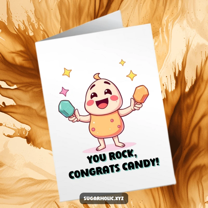 Free printable congratulations card: A happy candy character juggling shiny rock candies, representing festive celebration and success.