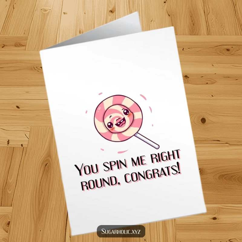 Funny Free Printable Congratulations Card: A joyful lollipop character spins energetically, a whirlwind of sweet success for their big achievement.
