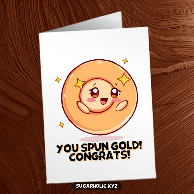 Funny Free Printable Congrats Card with a happy caramel swirl character spinning with starry eyes, celebrating a big win.