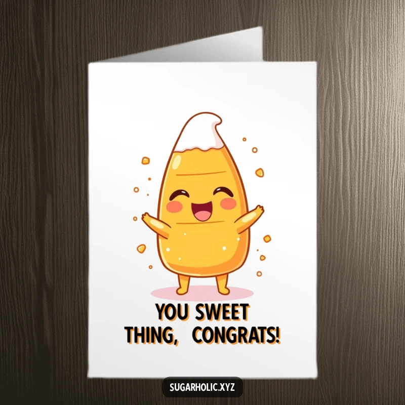 Funny free printable congratulations card showing a candy corn character laughing hysterically as sugar dusts its body.