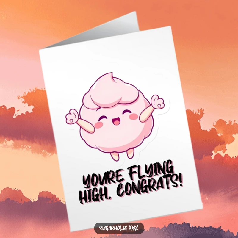 Funny Free Printable Congratulations Card: A happy candy floss character floating high, ideal for an uplifting DIY gift.