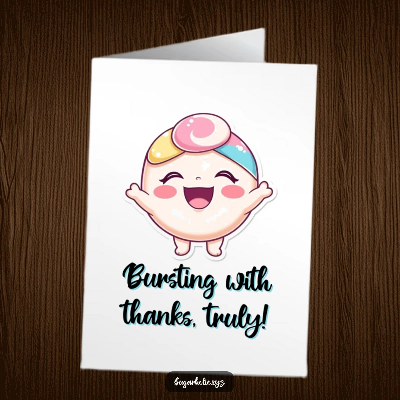 Funny free printable thank you card of a happy candy character with a delighted expression, bursting with joy.