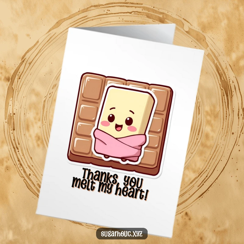 Funny Free Printable Chocolate Bar Thank You Card: A sweating, grumpy chocolate bar with a chip on its shoulder offers a reluctant thank you.