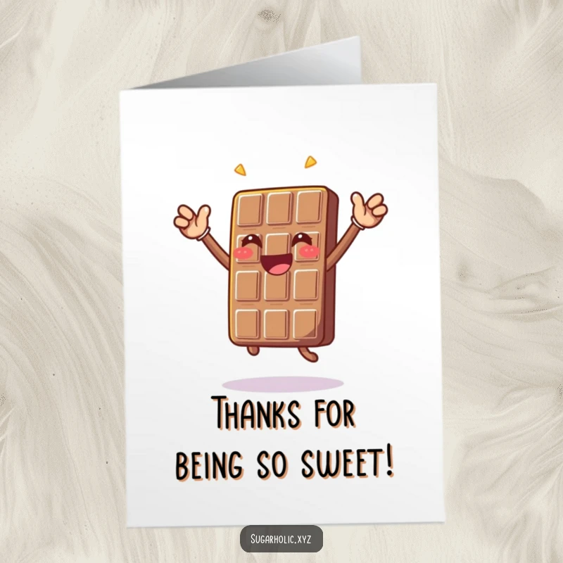 Funny free printable thank you card: A cheerful chocolate bar character doing an excited jump, perfect for expressing thanks.