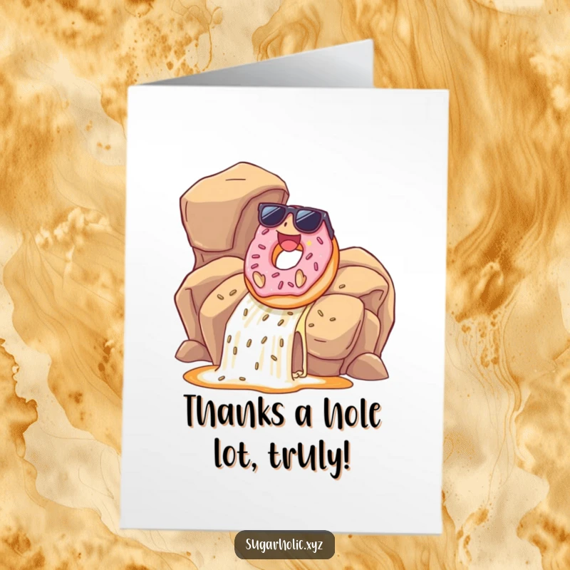 Funny Free Printable Thank You Card: Sunglasses donut slides down caramel waterfall, showing gratitude with a cool vibe.
