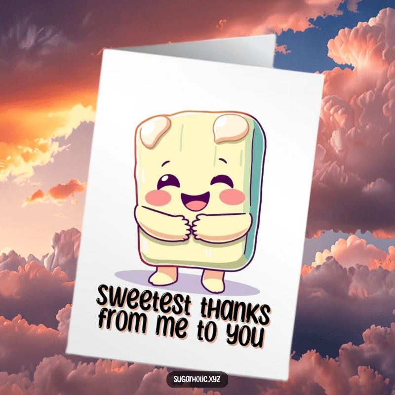 Funny free printable thank you card showcasing a happy, melting candy bar character giving a big, sweet hug.