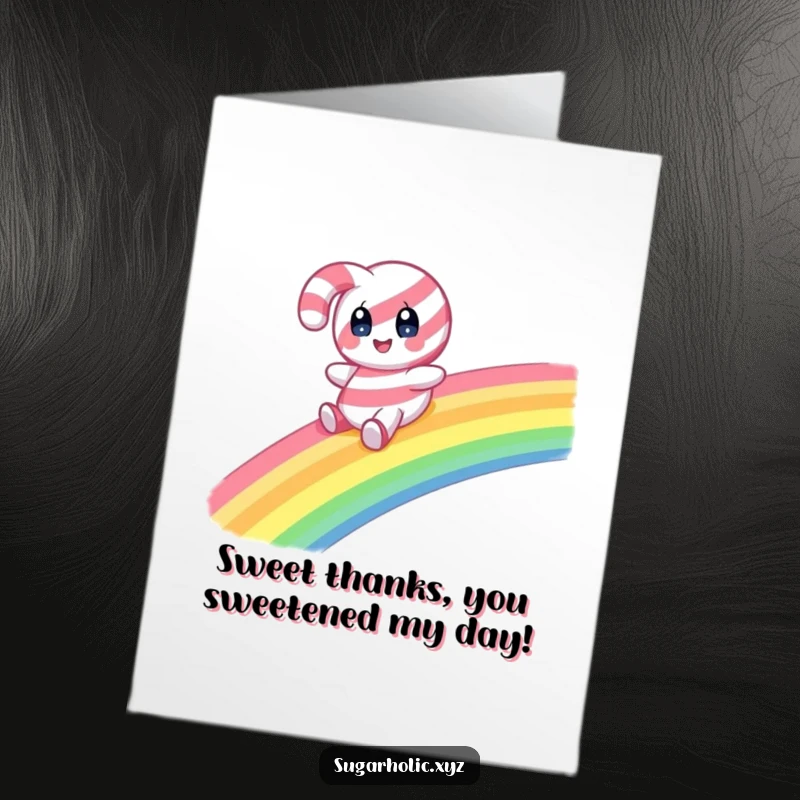 Funny free printable thank you card of a candy cane character with wide eyes sliding down a colorful rainbow.