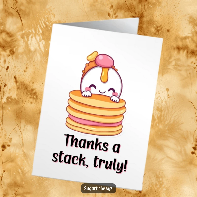 Funny free printable thank you card featuring a smiling candy character peeking playfully from behind a stack of pancakes.
