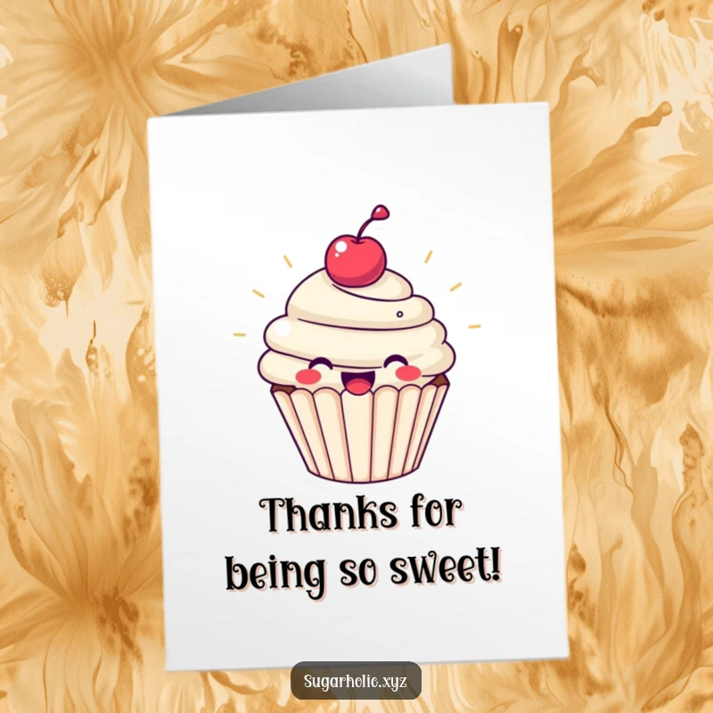 Funny Free Printable Thank You Card: A beaming cupcake with a cherry, radiating pure joy and sweet thanks.