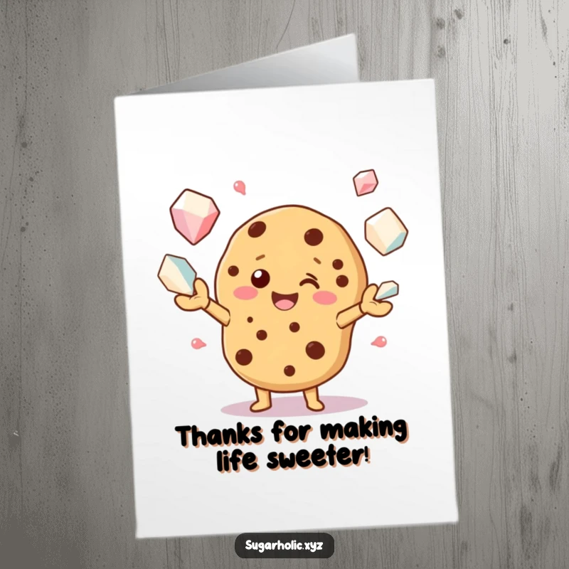 Funny Free Printable Thank You Card: A beaming cookie character juggles sugar crystals, a sweet and humorous way to show gratitude.