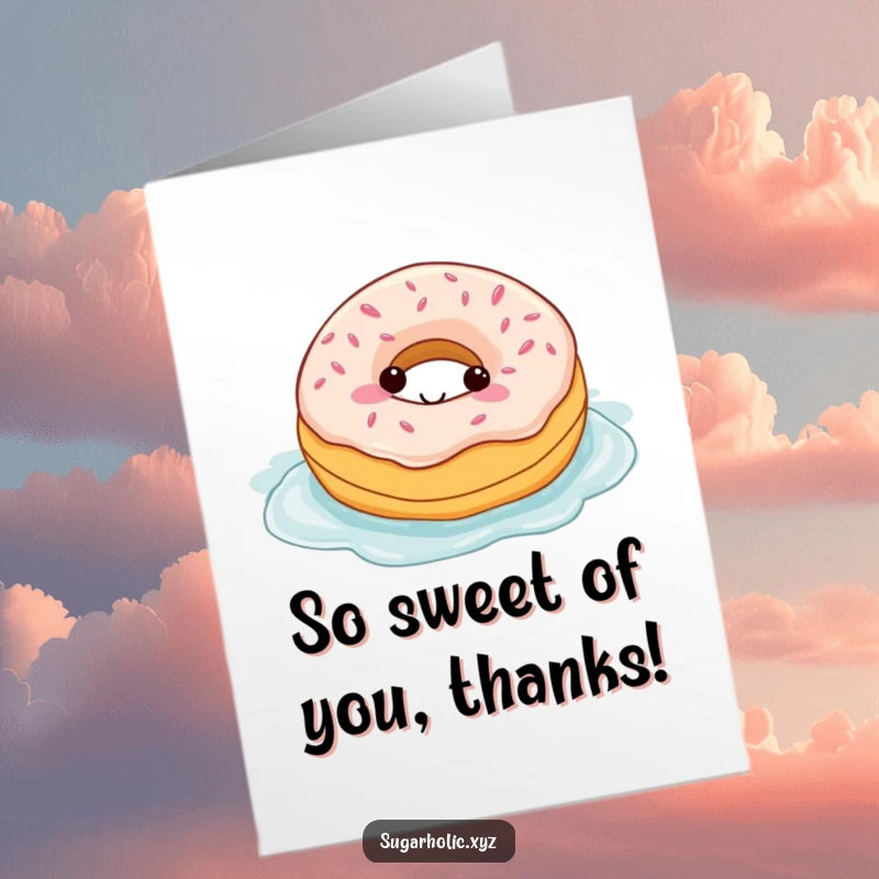 Funny free printable thank you card featuring a happy donut character blissfully swimming in a decadent pool of frosting.