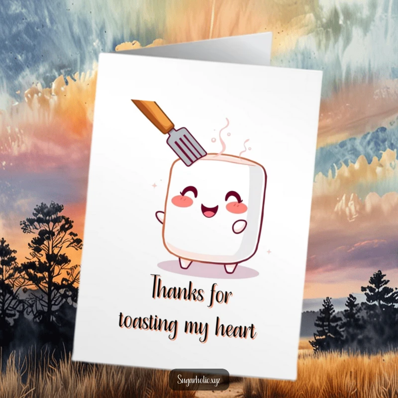 Funny Free Printable Thank You Card: Charismatic toasted marshmallow sending warm thanks with a silly grin.