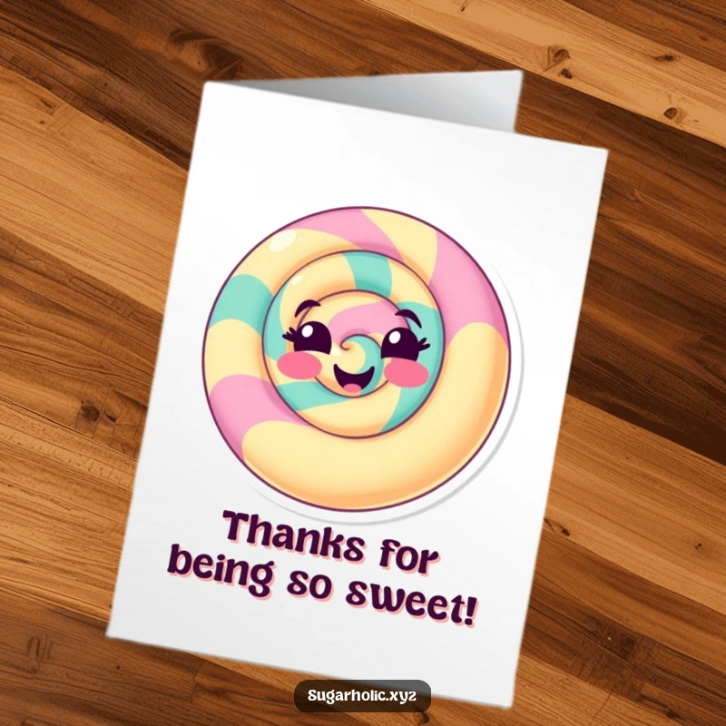Funny Free Printable Thank You Card featuring a delighted candy swirl with a playful smile, sending sweet appreciation.
