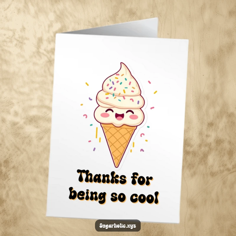 Funny Free Printable Thank You Card: Joyous ice cream cone character with sprinkles raining down, a cool way to say thanks.