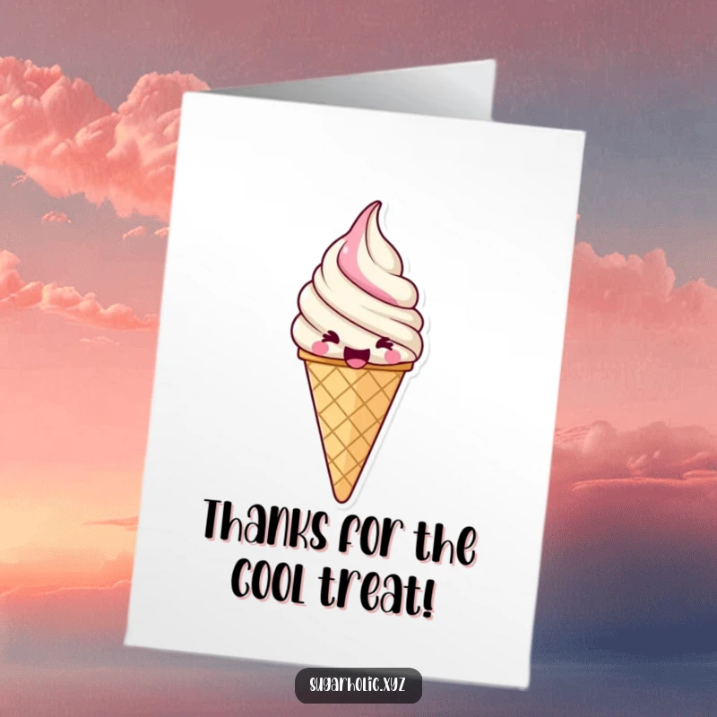 Funny Free Printable Thank You Card: A jubilant ice cream cone expressing excitement.