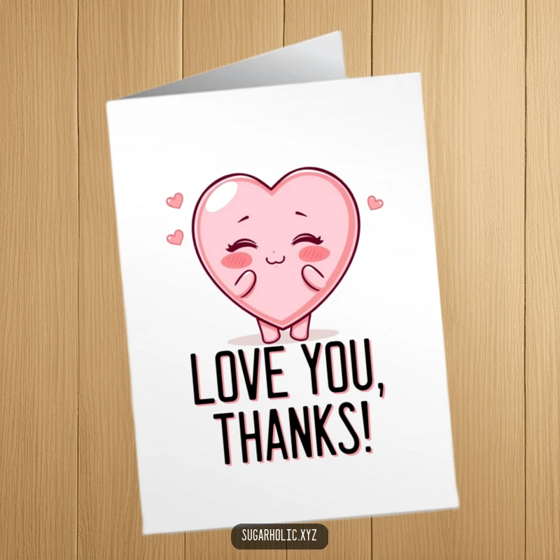 Free Printable Thank You Card: Candy heart character with rosy cheeks cheerfully blows kisses, a sweet DIY gift.